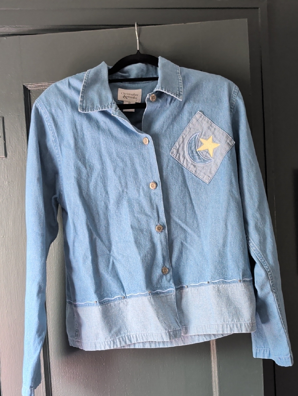 Whimsical Vintage Christopher & Banks Light Denim Shirt with Moon & Star Patch